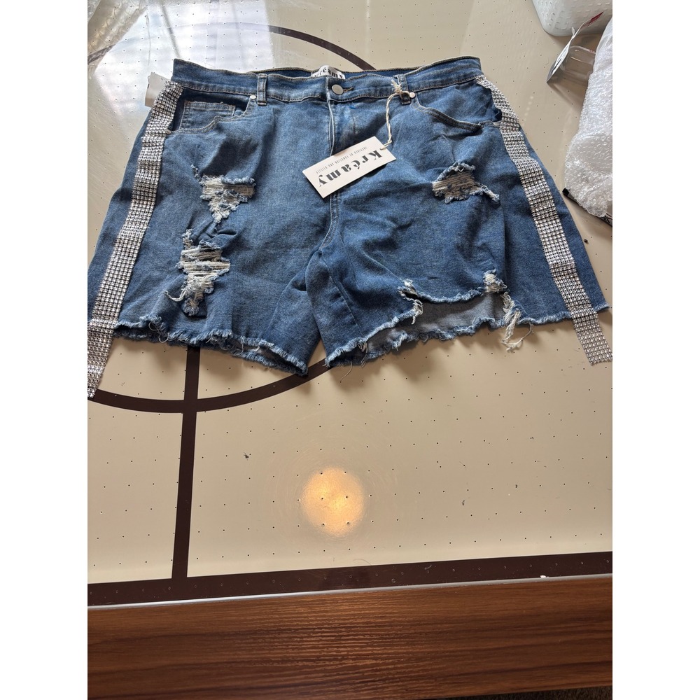Kreamy Distressed Denim Shorts Rhinestone Side Stripe Blue Women 1X NEW